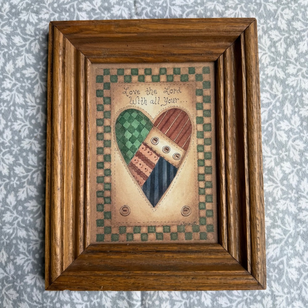 J Spivey Folk Art Patchwork Heart Love the Lord Oak Framed Wall Decor Print